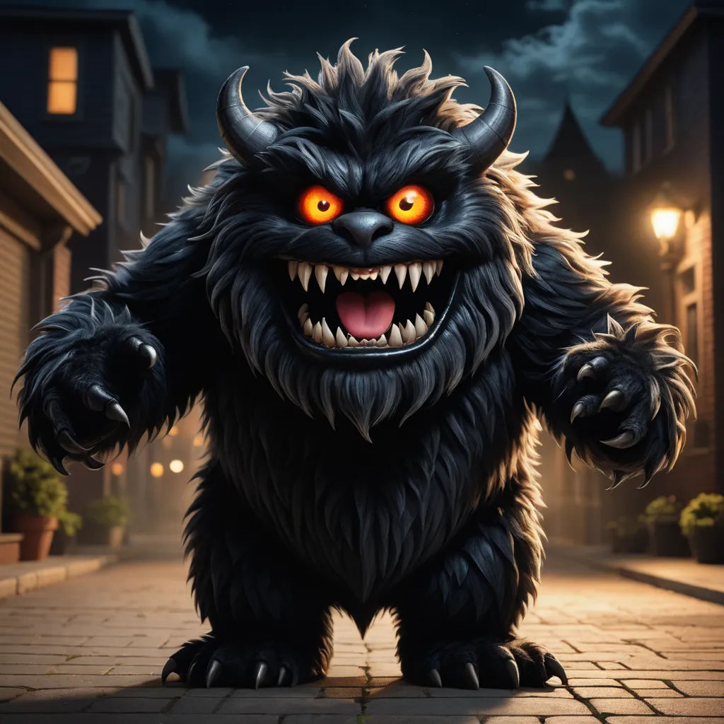 a cartoon monster with big teeth and glowing eyes on a street at night with a full moon in the background, furry art, a character portrait, Chris LaBrooy, behance hd