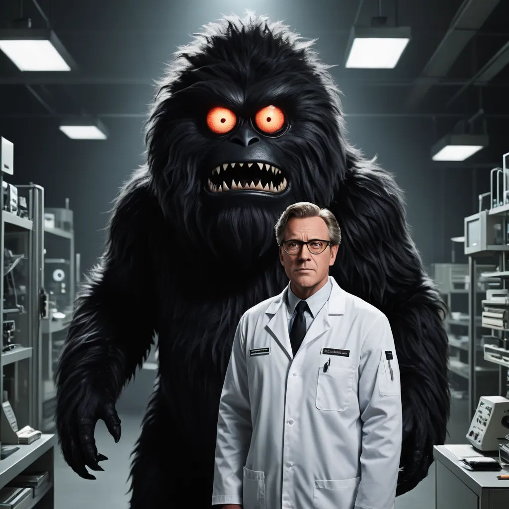 a man in a lab coat standing next to a giant gorilla in a lab coat with glowing eyes and a creepy grin, altermodern, a poster, Christian W. Staudinger, promotional image