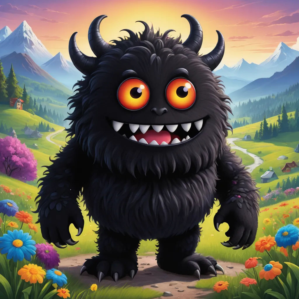 a cartoon monster with big eyes and a big smile on his face standing in a field of flowers and mountains, sots art, a character portrait, Chris LaBrooy, promotional image