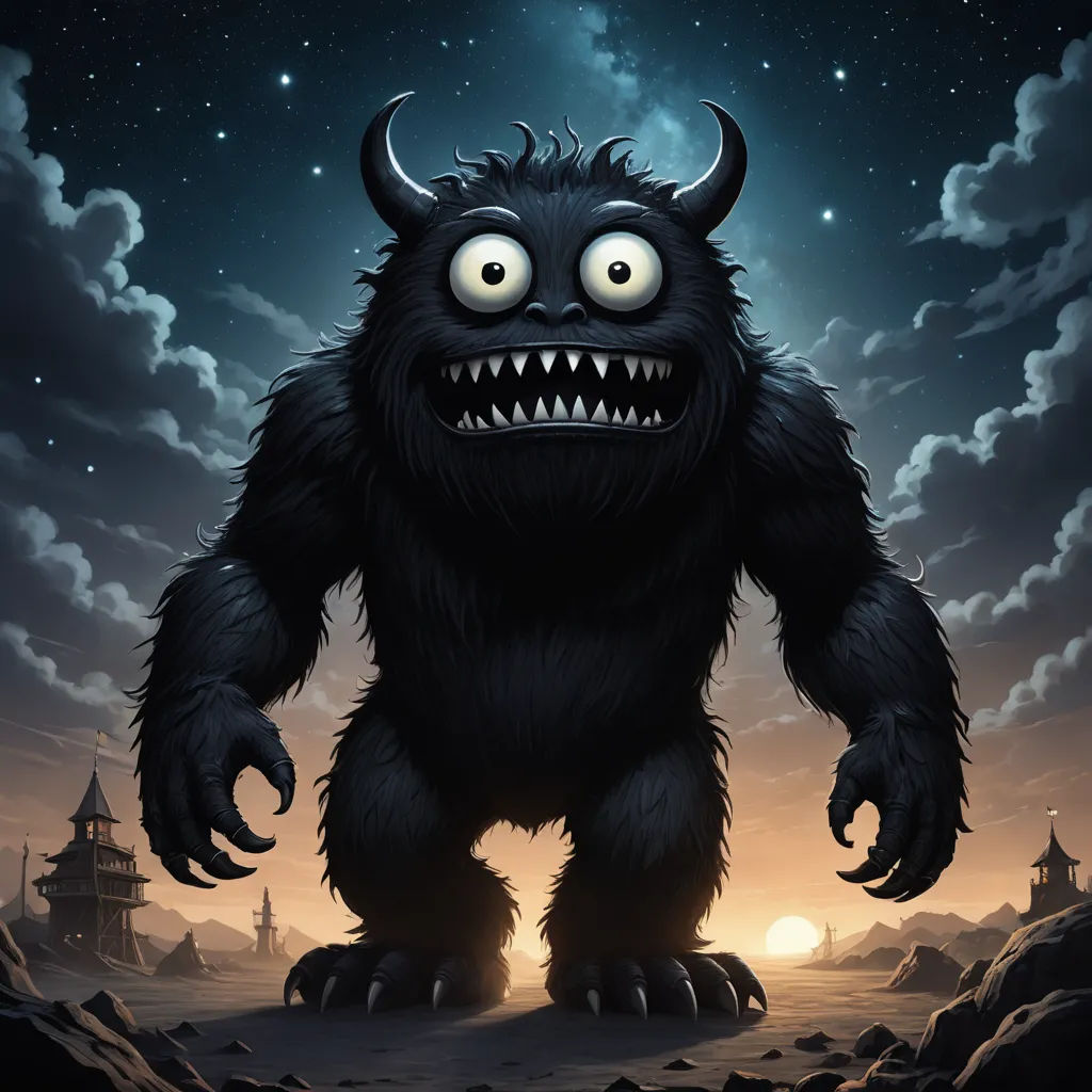 a cartoon monster with big eyes and a big mouth standing in a desert landscape at night with a full moon, fantasy art, poster art, Chris LaBrooy, dark fantasy art