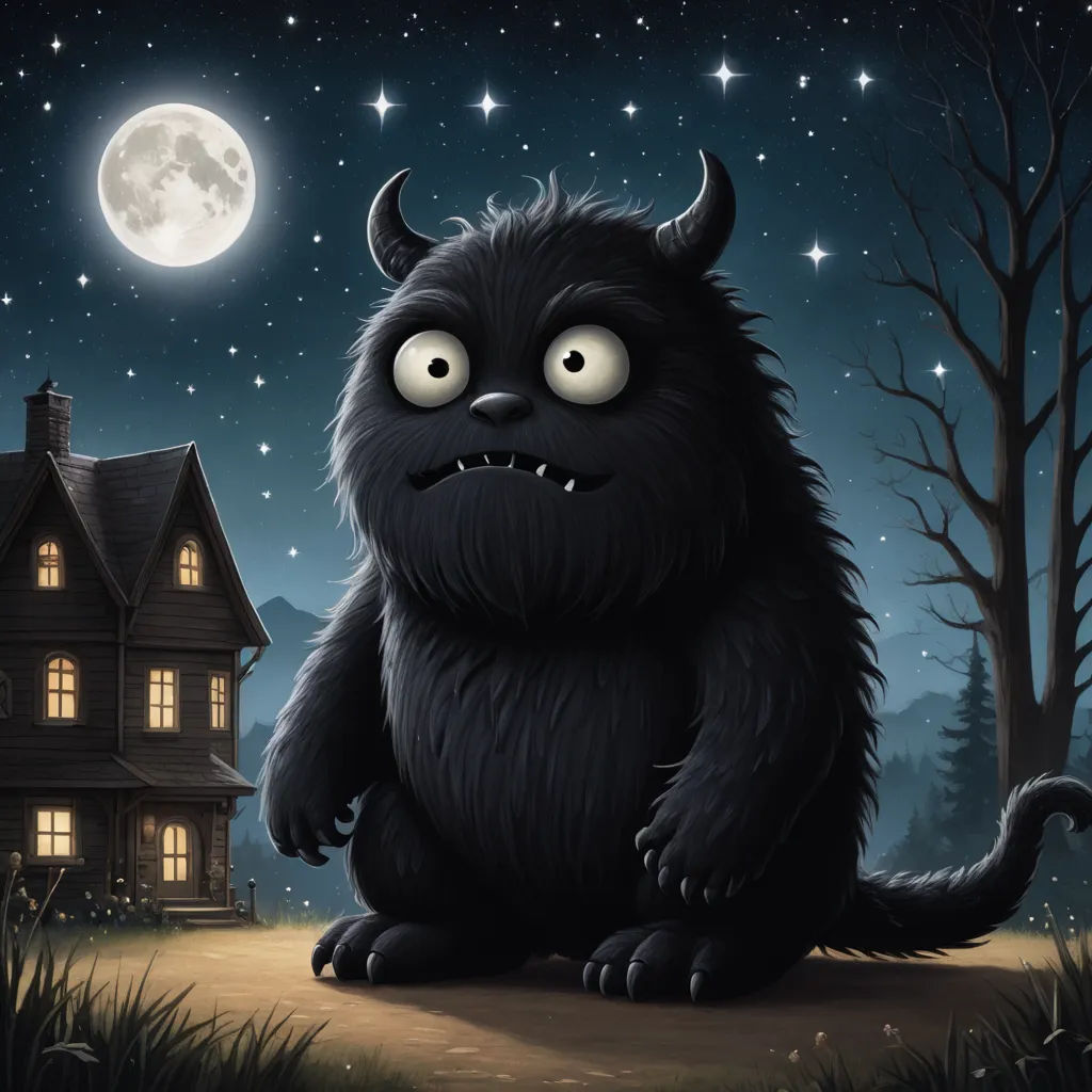 a cartoon monster sitting in front of a house at night with a full moon in the background and stars in the sky, gothic art, a storybook illustration, Diego Gisbert Llorens, storybook illustration