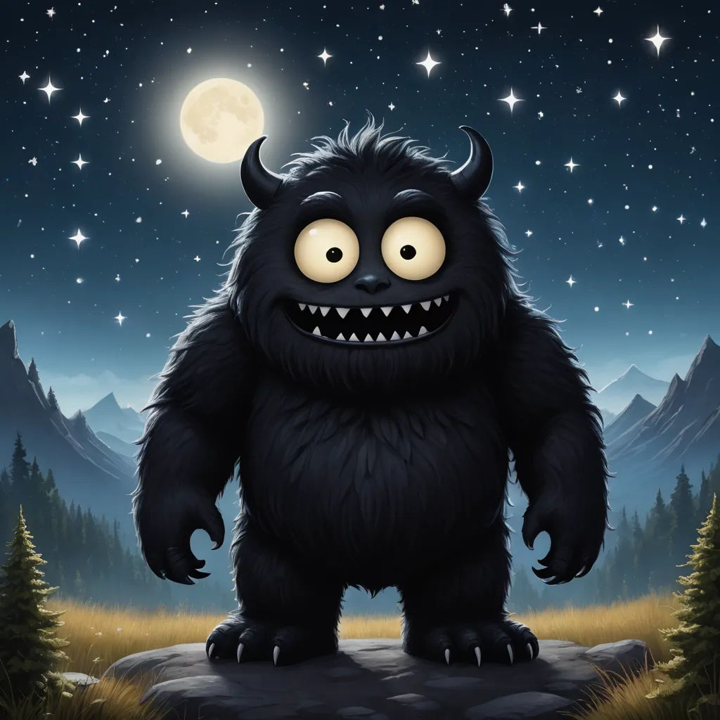 a cartoon monster with a full moon in the background and stars in the sky above it, standing on a rock, pop surrealism, a storybook illustration, Brom, 2 d game art