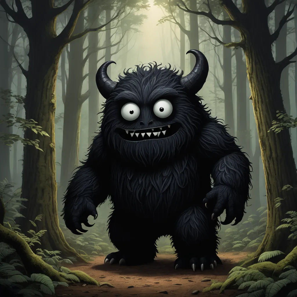 a cartoon monster with big eyes and a creepy grin on his face in a forest with trees and ferns, pop surrealism, a storybook illustration, Bob Ringwood, 2 d game art