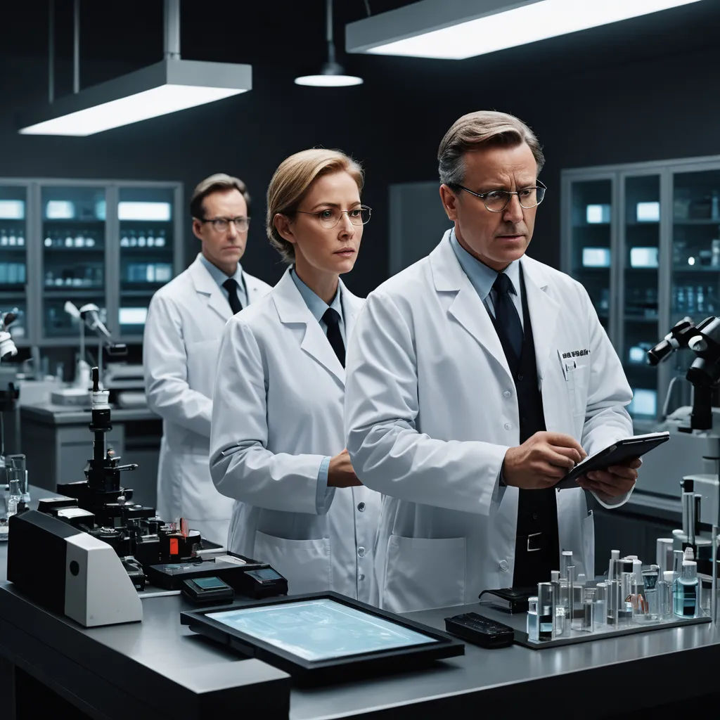 a group of people in lab coats looking at something on a tablet screen in a laboratory area with a microscope and other equipment, assemblage, a stock photo, Doc Hammer, promotional image