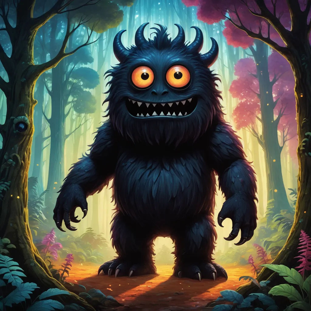 a cartoon monster with big eyes and big teeth in a forest scene with trees and bushes, with a path leading to the center, altermodern, a character portrait, Chris LaBrooy, magic the gathering artwork