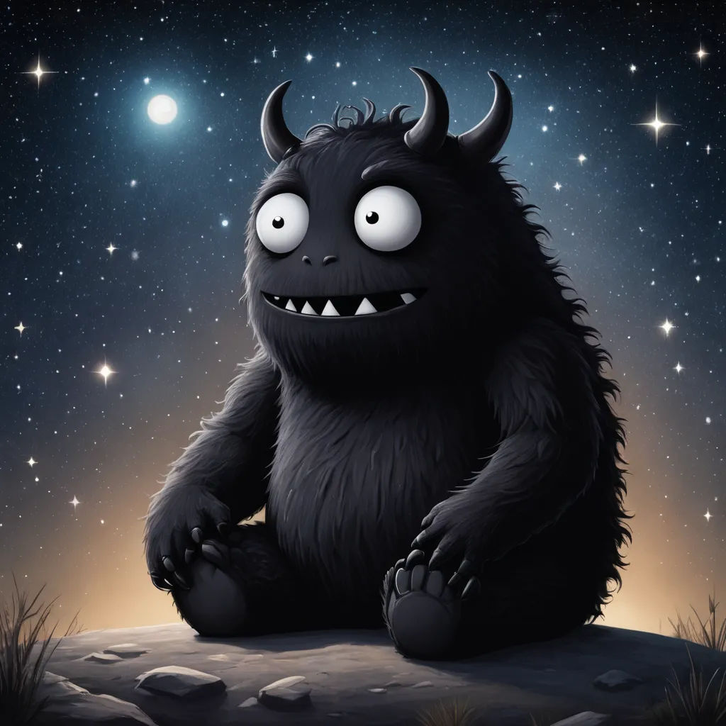 a cartoon monster sitting on a rock with stars in the background and a full moon in the sky above, space art, a storybook illustration, Ed Binkley, storybook illustration