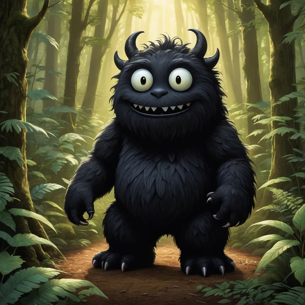 a cartoon monster with big eyes standing in a forest with trees and ferns, with a light shining through the trees, furry art, a storybook illustration, Chris LaBrooy, promotional image
