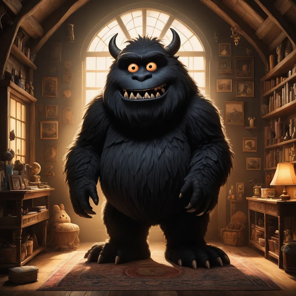 a cartoon character is standing in a room with a big monster like creature in it's mouth and a large window, furry art, a character portrait, Eddie Mendoza, pixar and disney animation