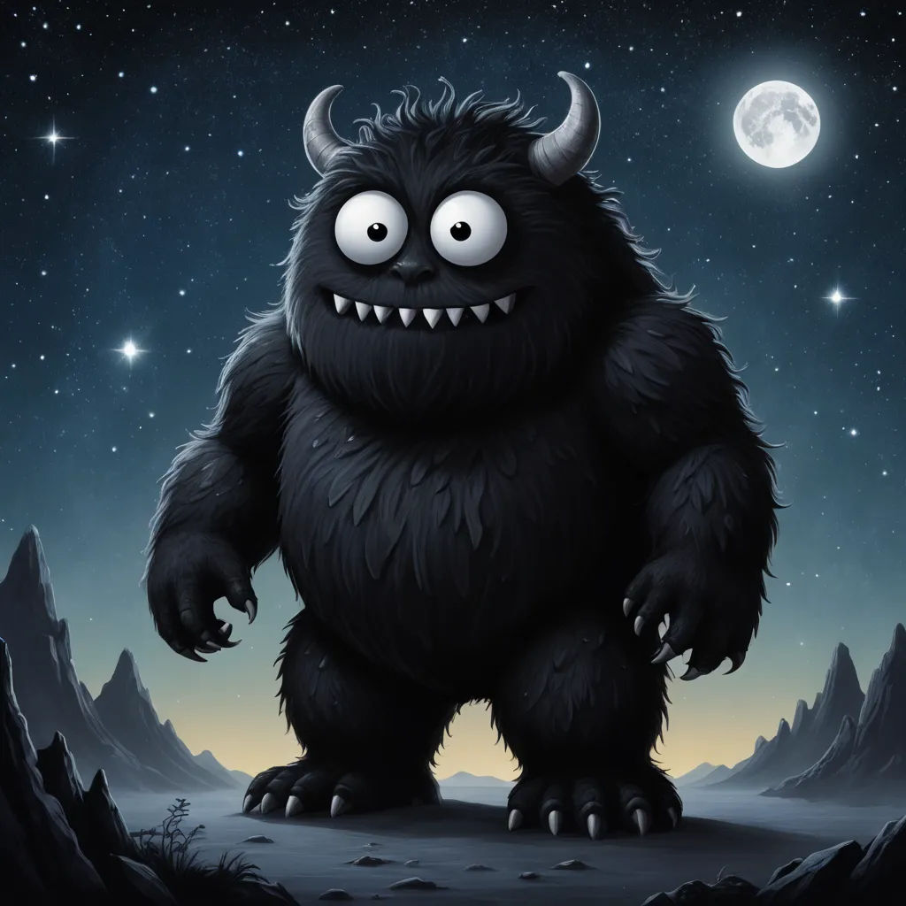 a cartoon monster with a full moon in the background and stars in the sky above it, with a full moon in the background, space art, a storybook illustration, Ed Binkley, 2 d game art