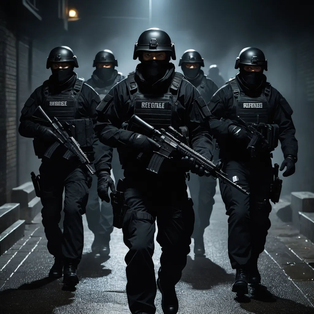 a group of police officers walking down a street with guns in their hands and helmets on their heads,, antipodeans, a stock photo, Altichiero, rpg
