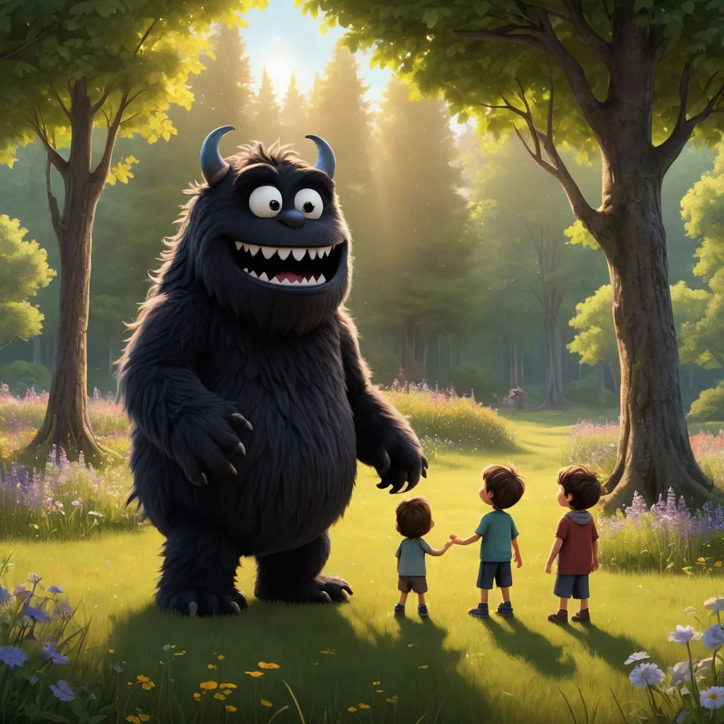 a cartoon of a monster and two children in a forest with trees and flowers in the background, with a sun shining through the trees, sots art, a storybook illustration, Chris LaBrooy, promotional image
