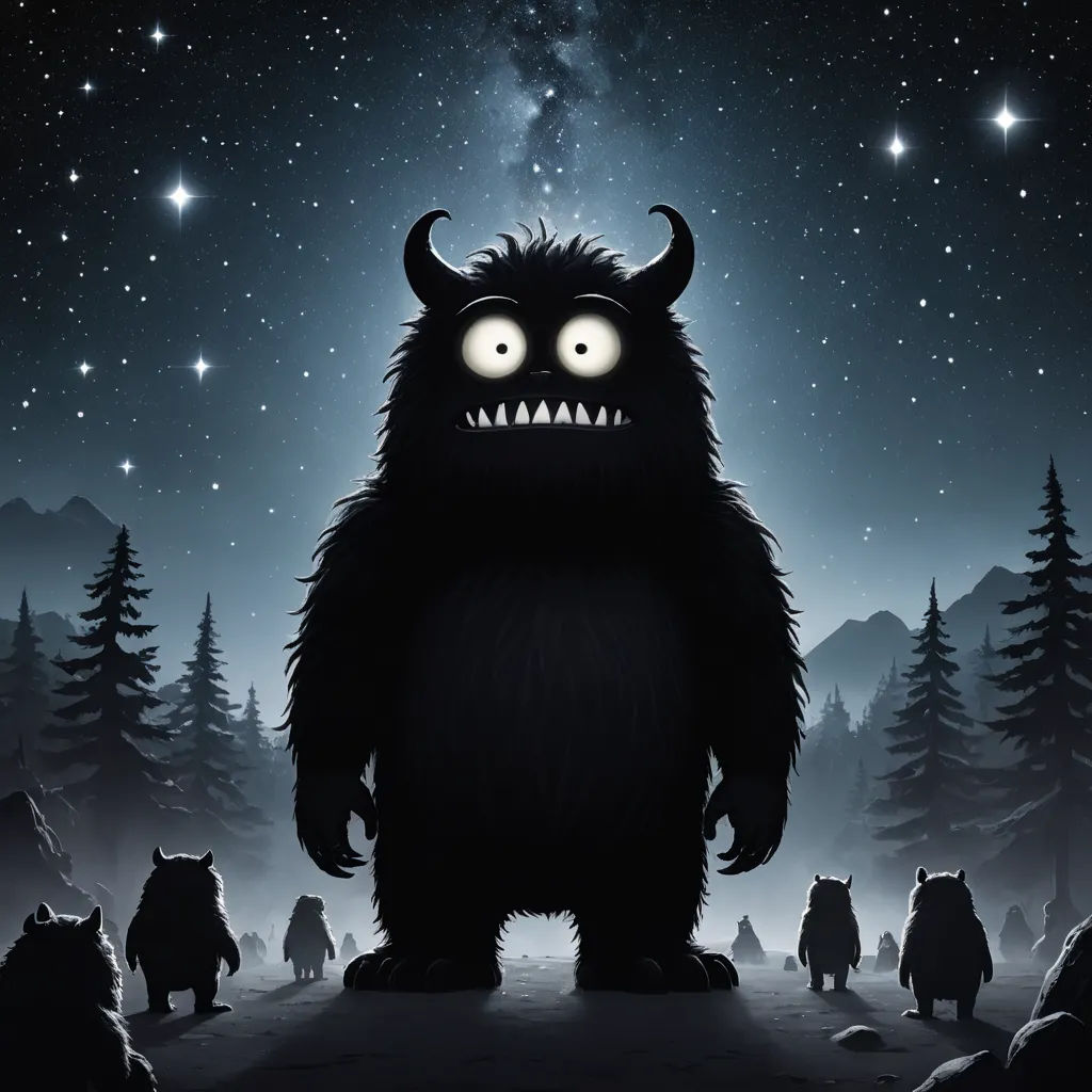a cartoon monster with big eyes standing in the middle of a forest at night with stars and a sky full of stars, space art, poster art, Diego Gisbert Llorens, 2 d game art