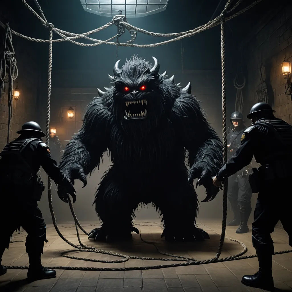 a group of men in dark costumes standing around a giant monster with red eyes and horns on his face, sots art, concept art, Dirk Crabeth, promotional image