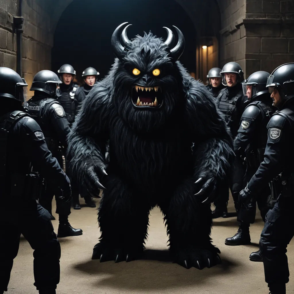 a group of people in black helmets and black furry costumes standing in a tunnel with a demon like creature, institutional critique, a storybook illustration, David LaChapelle, promotional image