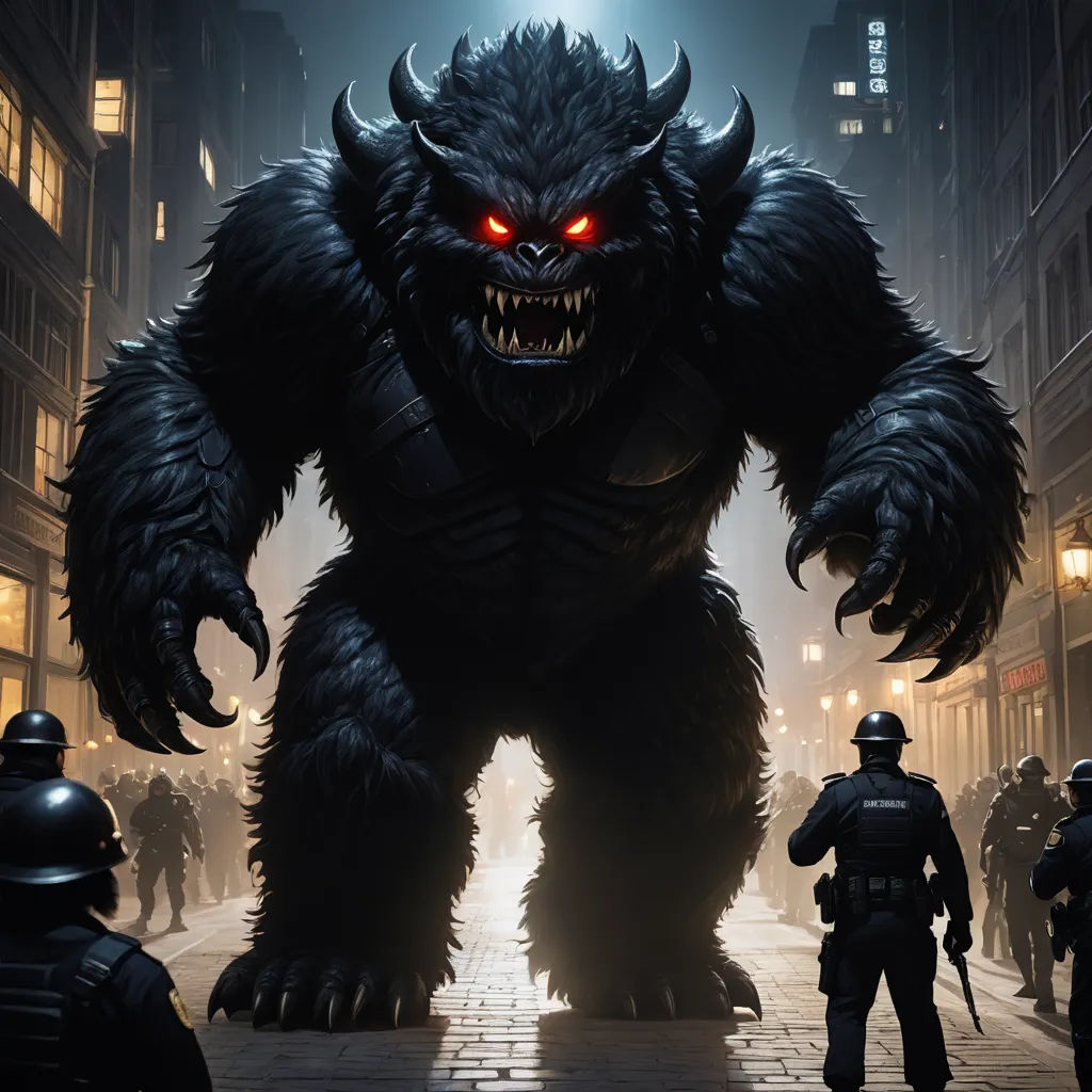 a group of people standing around a giant monster in a city at night with red eyes and a large demon like head, furry art, concept art, Chris LaBrooy, dan mumford. octane render