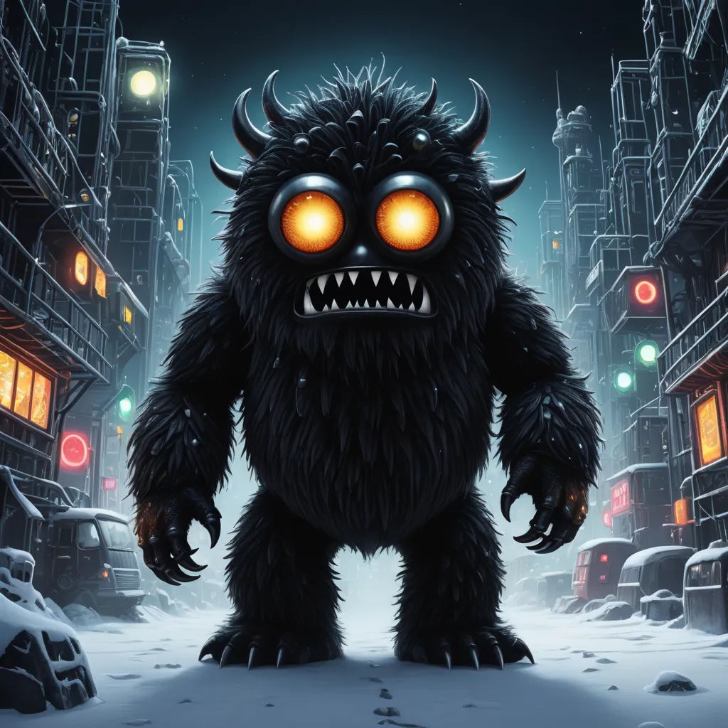 a cartoon monster with glowing eyes and a big mouth in a snowy city at night with traffic lights and buildings, sots art, concept art, Chris LaBrooy, josan gonzales and dan mumford