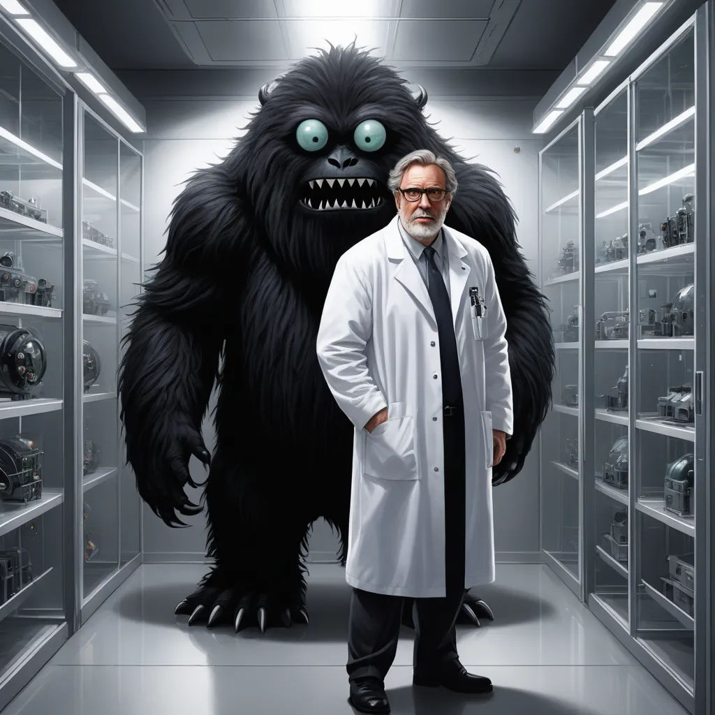a man in a lab coat standing in front of a giant gorilla in a room filled with glass shelves, sots art, poster art, Diego Gisbert Llorens, promotional image