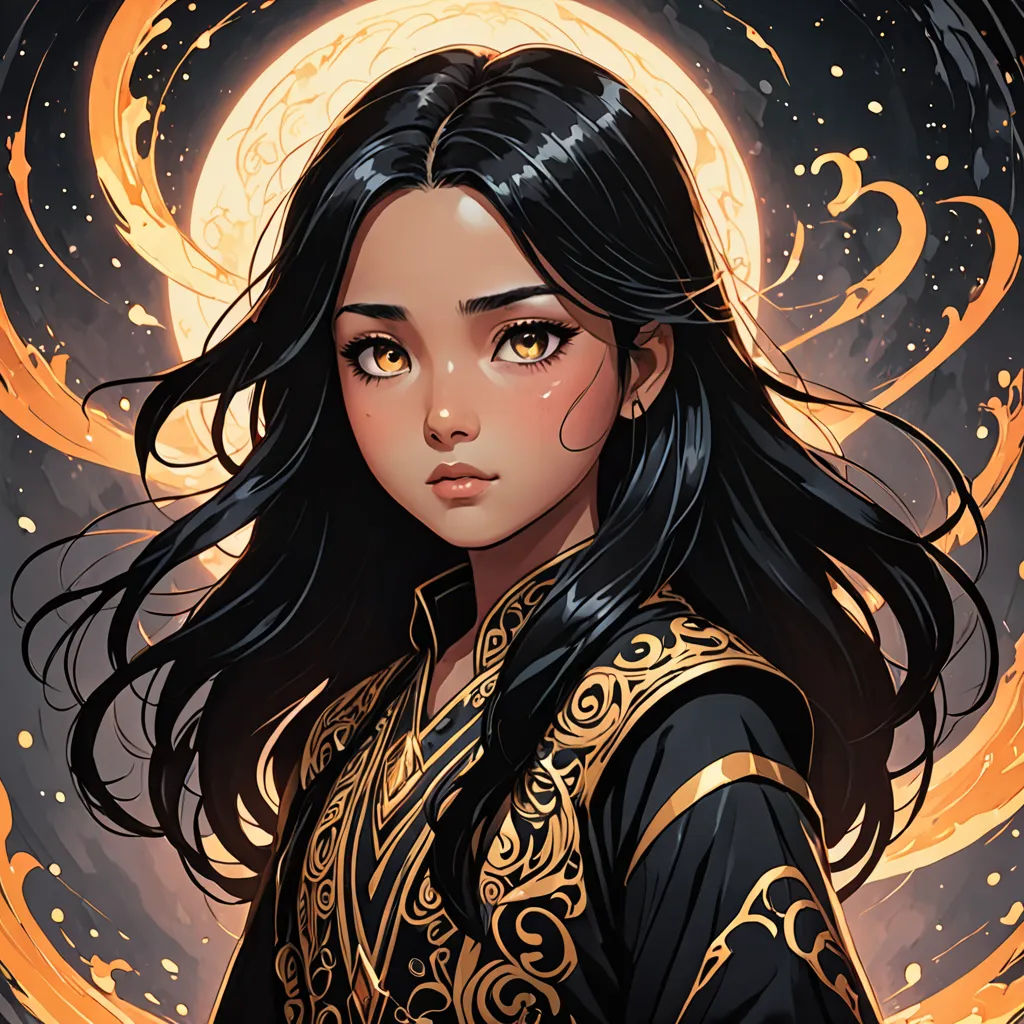 a woman in a black and gold outfit with a moon in the background and a crescent behind her, with a full moon behind her, fantasy art, a character portrait, Artgerm, rossdraws global illumination