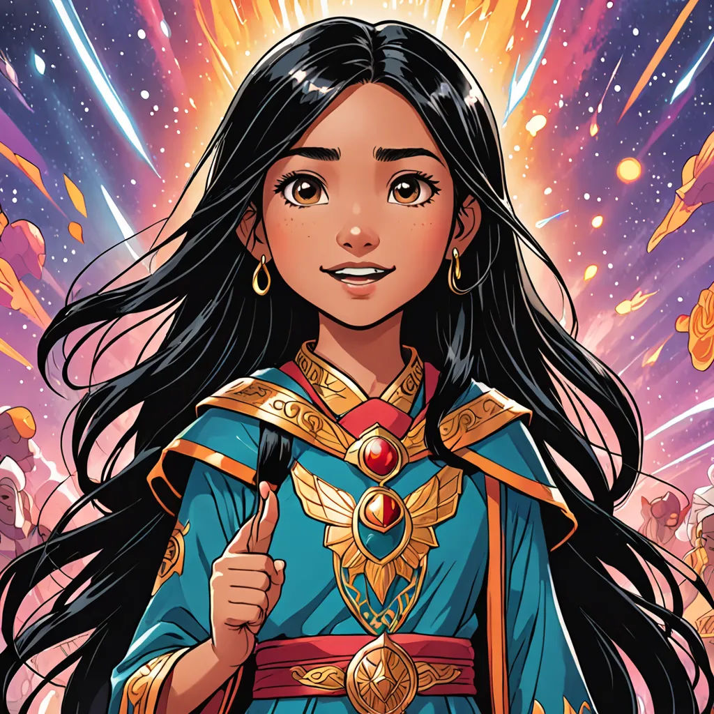 a cartoon of a woman in a blue dress with a star in the background and fireworks in the sky, fantasy art, a comic book panel, Cliff Childs, comic cover art