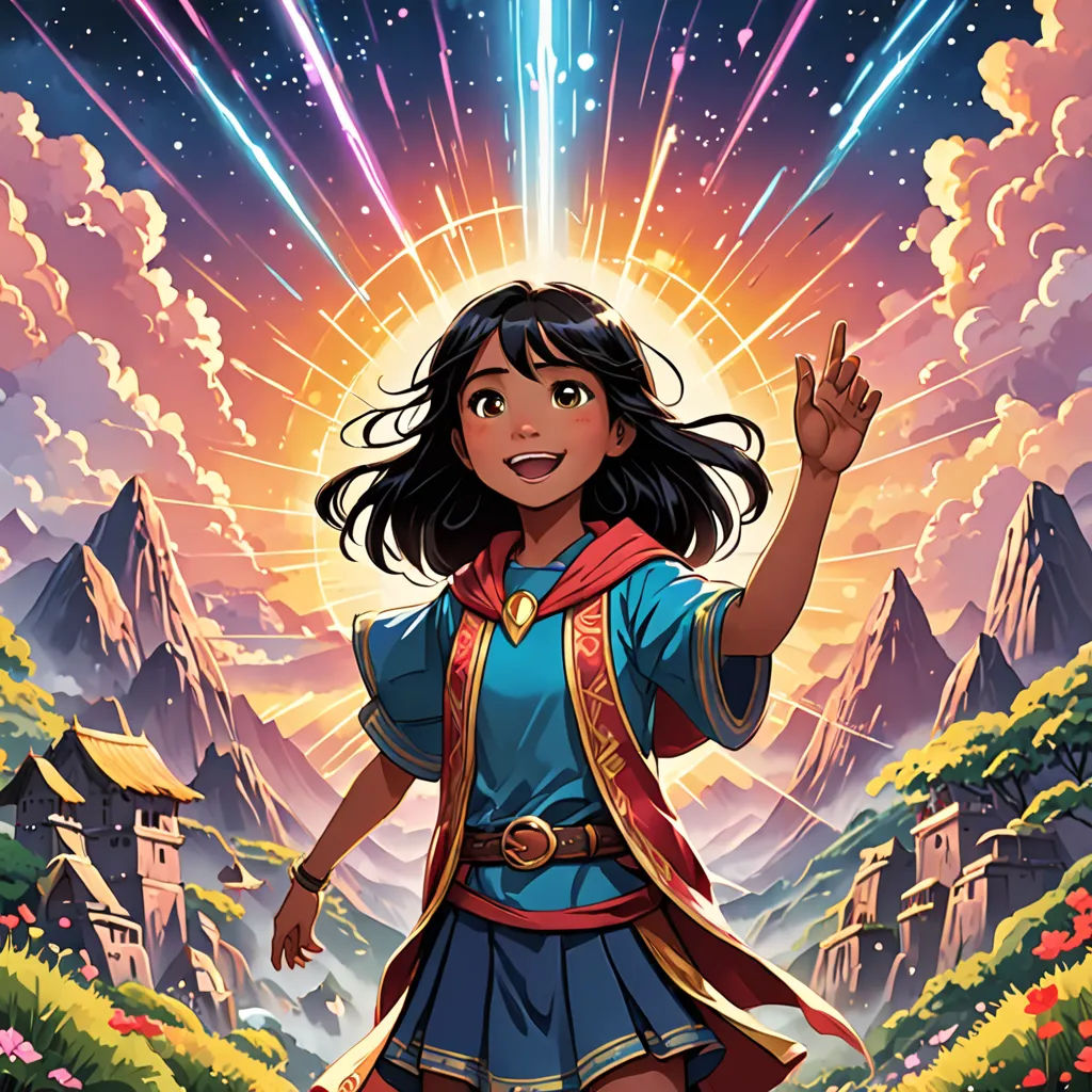 a cartoon girl in a blue dress standing in front of a mountain with a star burst in the sky, fantasy art, poster art, Chris LaBrooy, official art