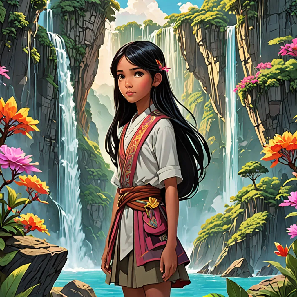a girl in a dress standing in front of a waterfall with flowers in the foreground and a waterfall in the background, fantasy art, a storybook illustration, Drew Struzan, kinkade