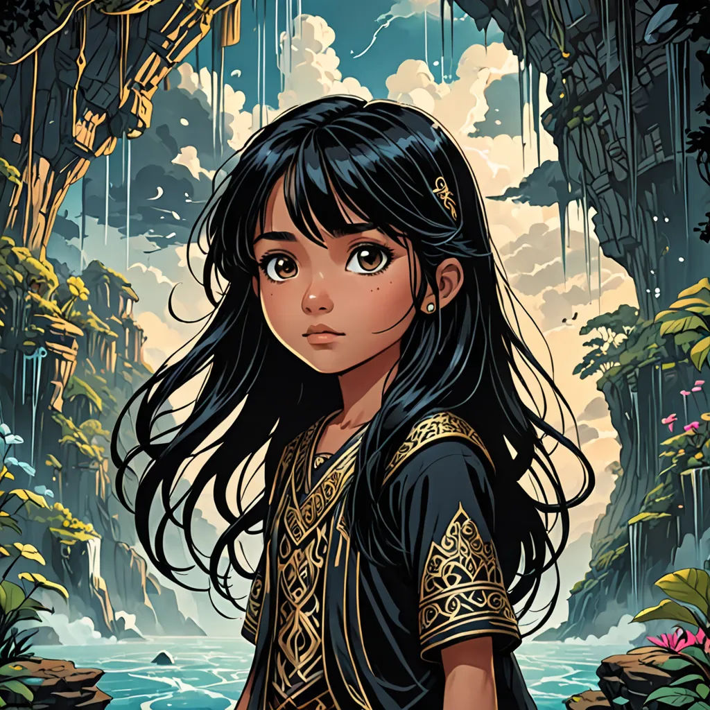 a girl in a black dress standing in front of a waterfall with a waterfall in the background and a sky with clouds, fantasy art, a storybook illustration, Cliff Childs, rossdraws global illumination