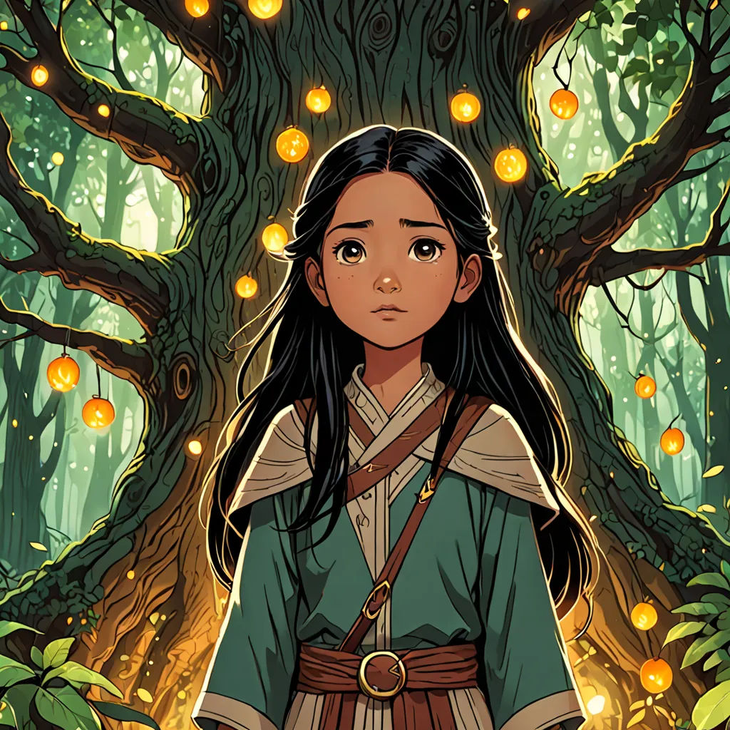 a girl in a green dress standing in front of a tree with glowing lights on it and a light up lantern in the background, fantasy art, a storybook illustration, Cliff Childs, rossdraws global illumination