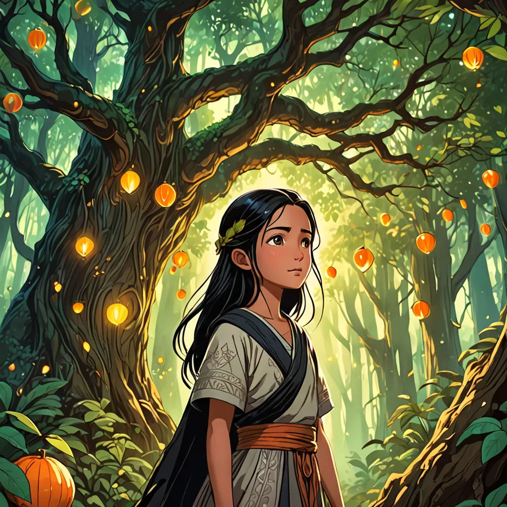 a young girl standing in a forest with pumpkins on the ground and a tree with lights in the background, fantasy art, a storybook illustration, Audrey Kawasaki, rossdraws global illumination