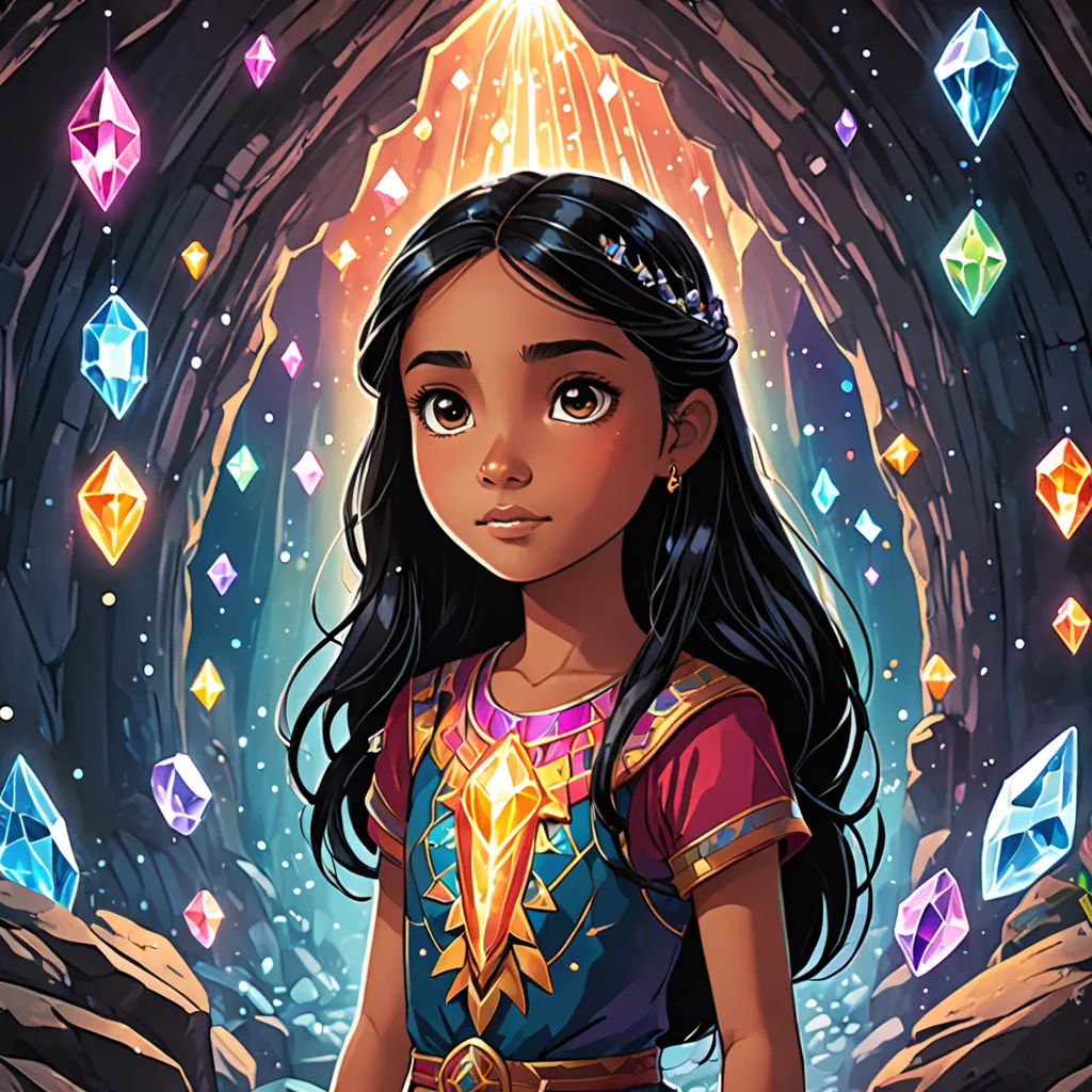 a young girl in a cave with diamonds on her head and a crown on her head, standing in front of a cave, crystal cubism, a character portrait, Ella Guru, 2 d game art