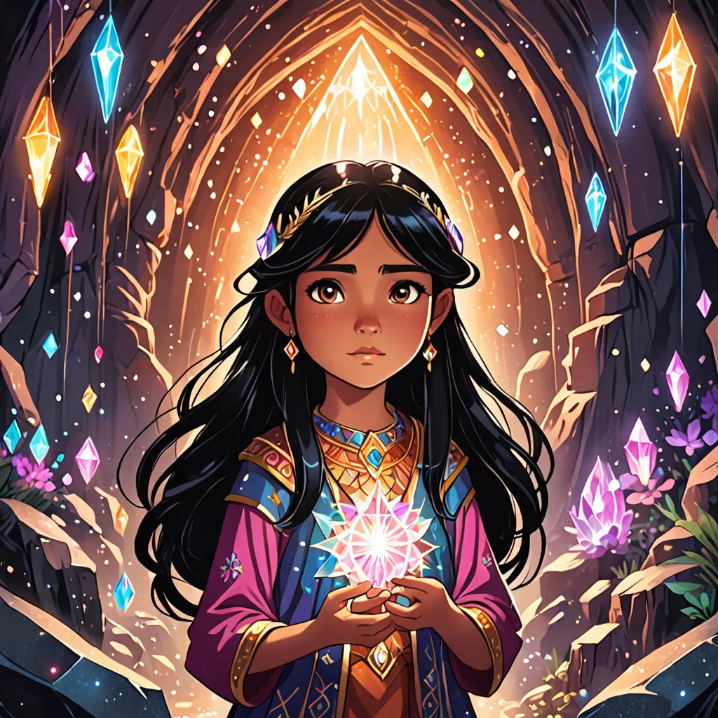 a girl holding a star in her hands in a cave with crystals and rocks in the background, with a light shining in her hand, crystal cubism, a character portrait, Amir Zand, rossdraws global illumination