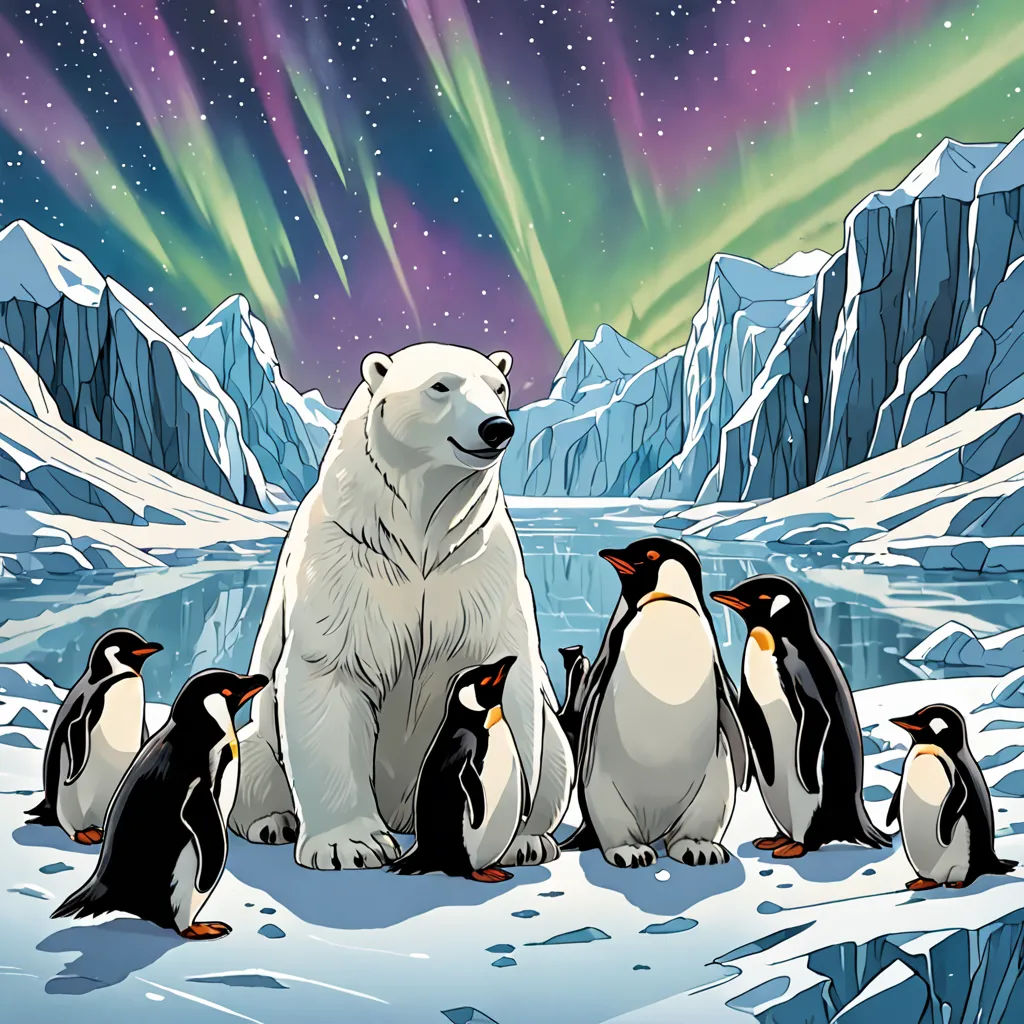 a polar bear surrounded by penguins in the snow with an aurora bore in the background and a polar bear standing in the foreground, environmental art, a storybook illustration, Dan Mumford, official art