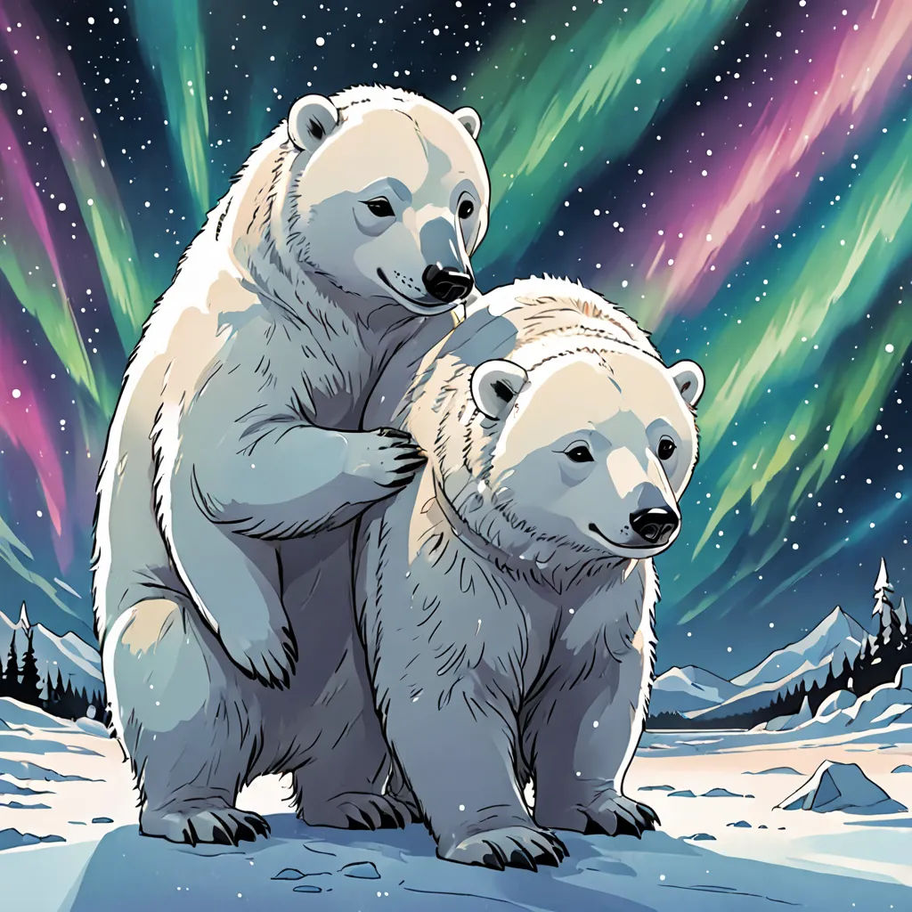 two polar bears are standing in the snow with the aurora lights in the background and the stars in the sky, furry art, a storybook illustration, Dan Mumford, josan gonzales and dan mumford