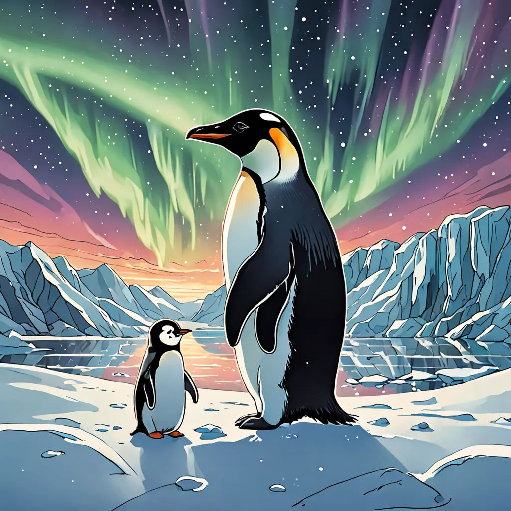 a penguin and a penguinling standing in the snow under an aurora borel sky with stars and the moon, space art, a storybook illustration, Dan Mumford, official art