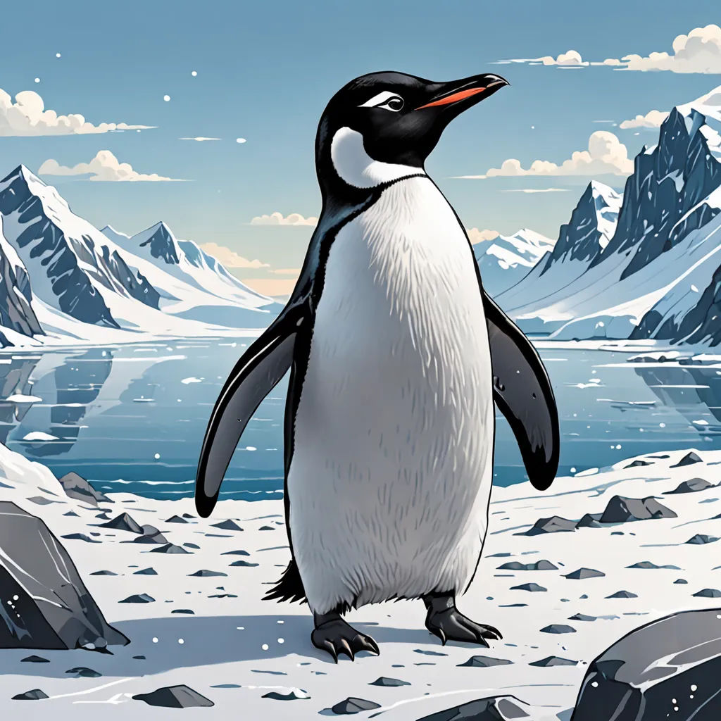 a penguin standing on a snowy ground next to a lake and mountains with snow on the ground and a blue sky with clouds, environmental art, a storybook illustration, Chris LaBrooy, promotional image
