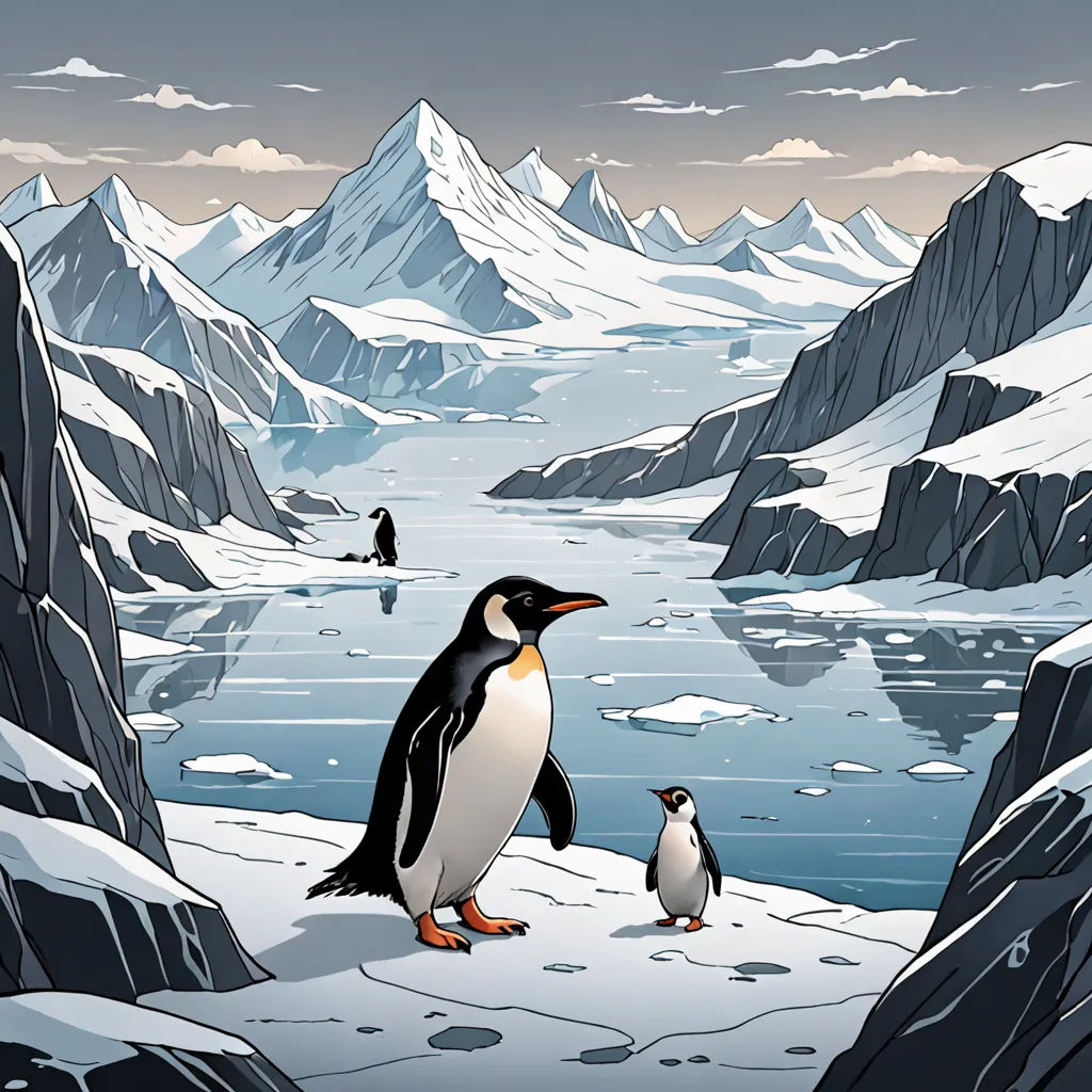 a penguin and a penguinling are standing on a snowy mountain top with a lake and mountains in the background, environmental art, a storybook illustration, Dan Mumford, detailed illustration