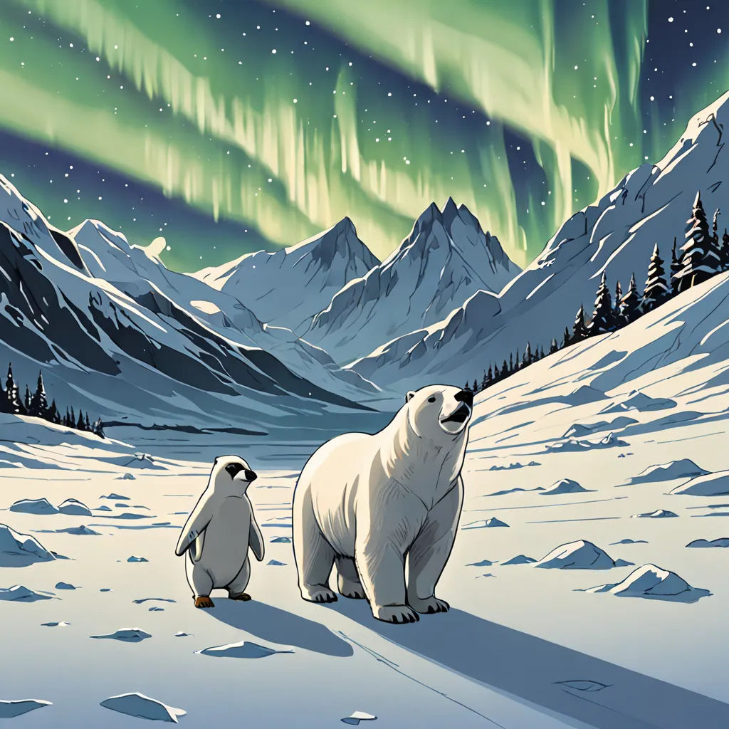 a polar bear and penguin are walking in the snow with the aurora lights in the background and a penguin is looking at the polar bear, environmental art, a storybook illustration, Dan Mumford, josan gonzales and dan mumford