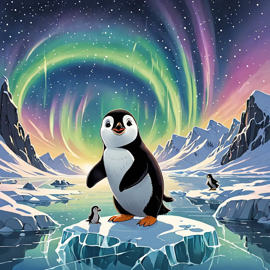 a penguin standing on an ice floe with a aurora bore in the background and penguins in the foreground, space art, a storybook illustration, Cliff Childs, official art