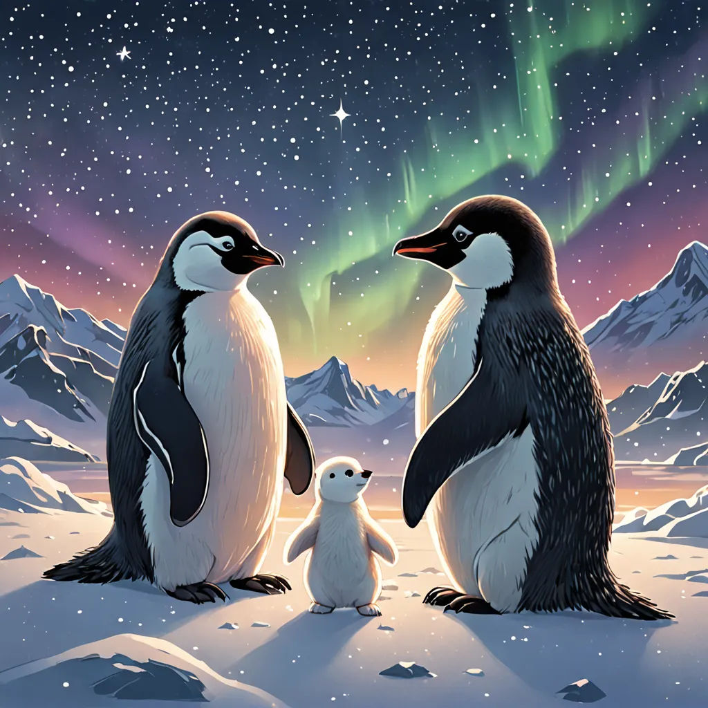 a couple of penguins standing next to each other on a snow covered field with a aurora light in the background, space art, a storybook illustration, Cliff Childs, official art