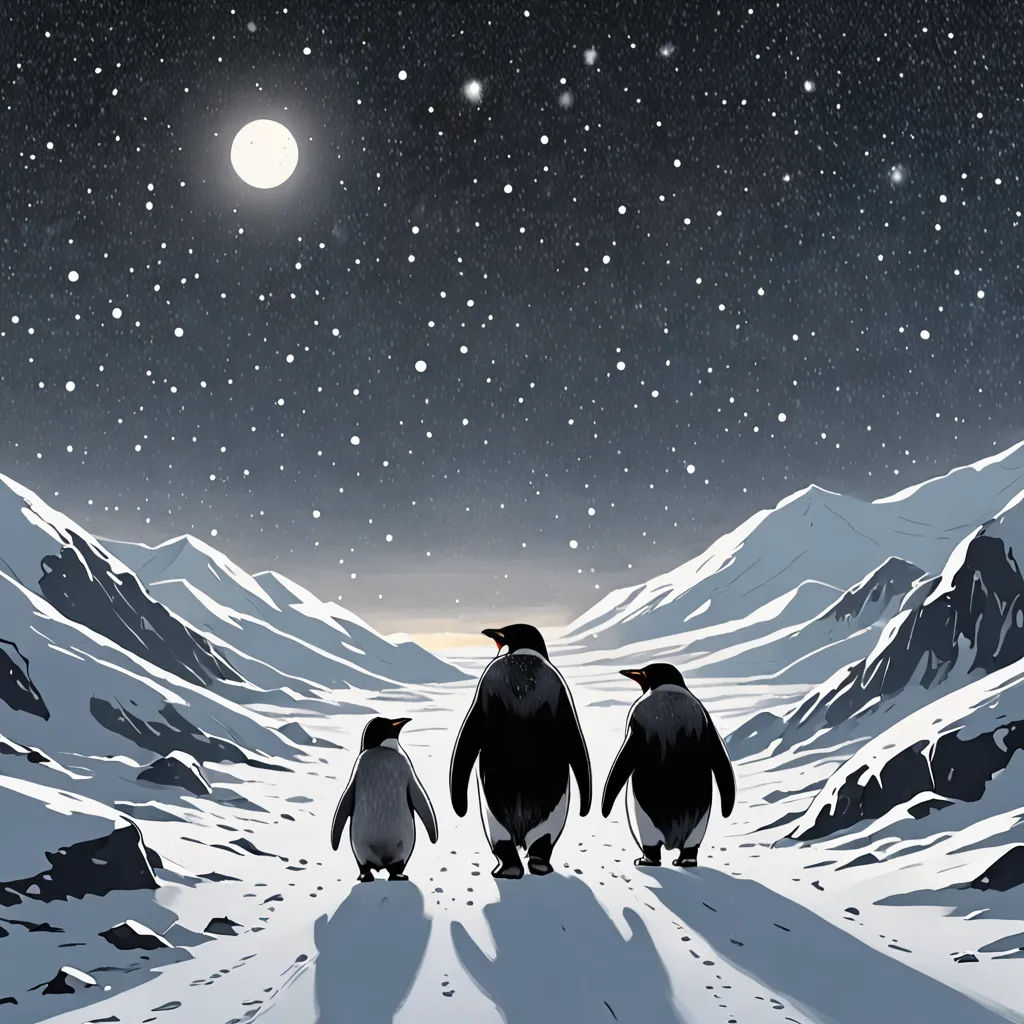 three penguins walking in the snow towards the moon and stars above them, with mountains in the background, and a full moon, space art, a storybook illustration, Cliff Childs, night sky