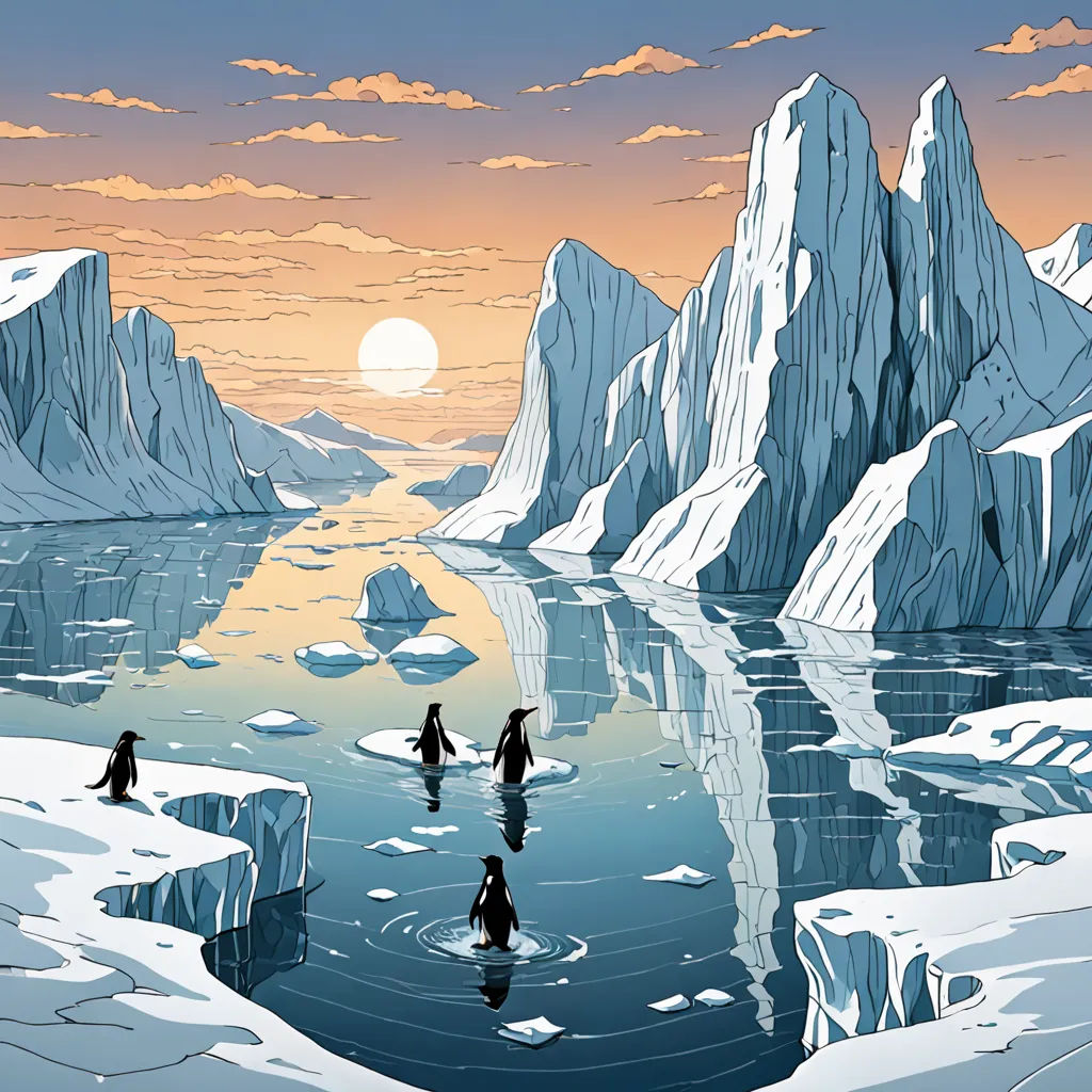 a group of penguins standing on top of a ice covered lake next to mountains and icebergs in the distance, environmental art, a storybook illustration, Dan Mumford, laurie greasley