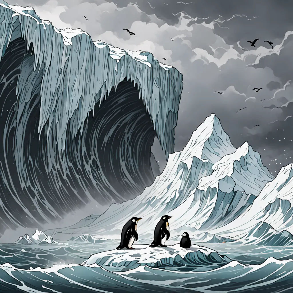 a group of penguins standing on top of a ice covered mountain in the ocean with a giant wave coming in, environmental art, a comic book panel, Dan Mumford, laurie greasley