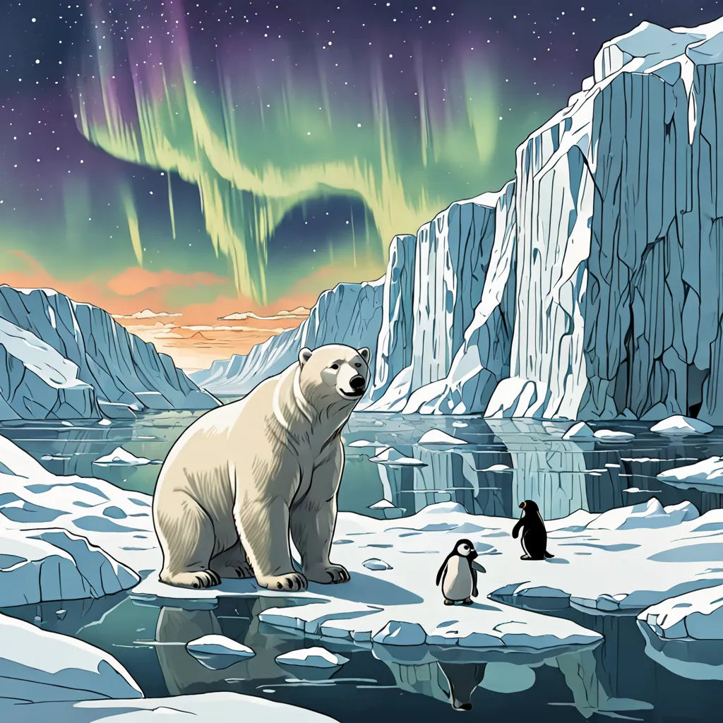 a polar bear and penguin are sitting on ice with an aurora bore in the background and a penguin is standing on the ice, environmental art, a storybook illustration, Dan Mumford, josan gonzales and dan mumford