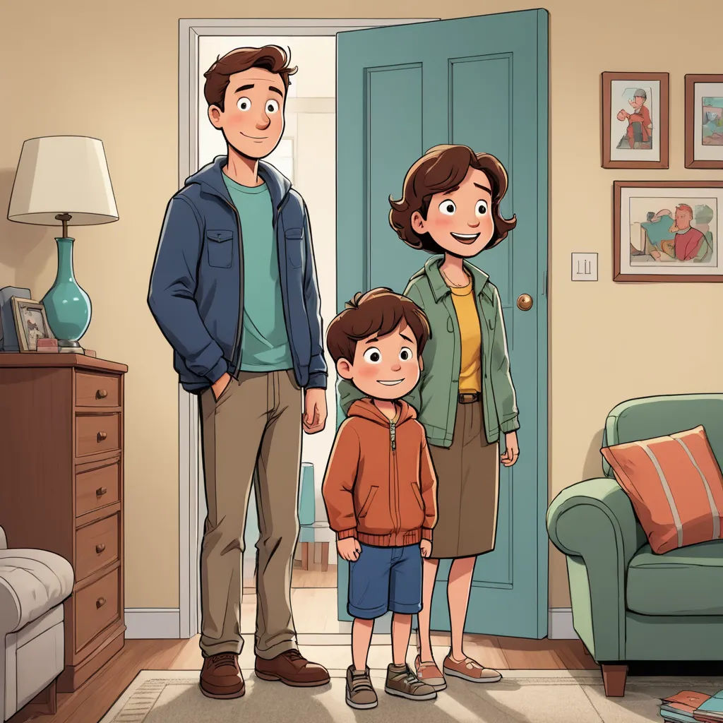 a family standing in a living room with a blue door and a blue couch in the background, a man and a woman and a boy are standing in front of a blue couch, sots art, concept art, disney, animation