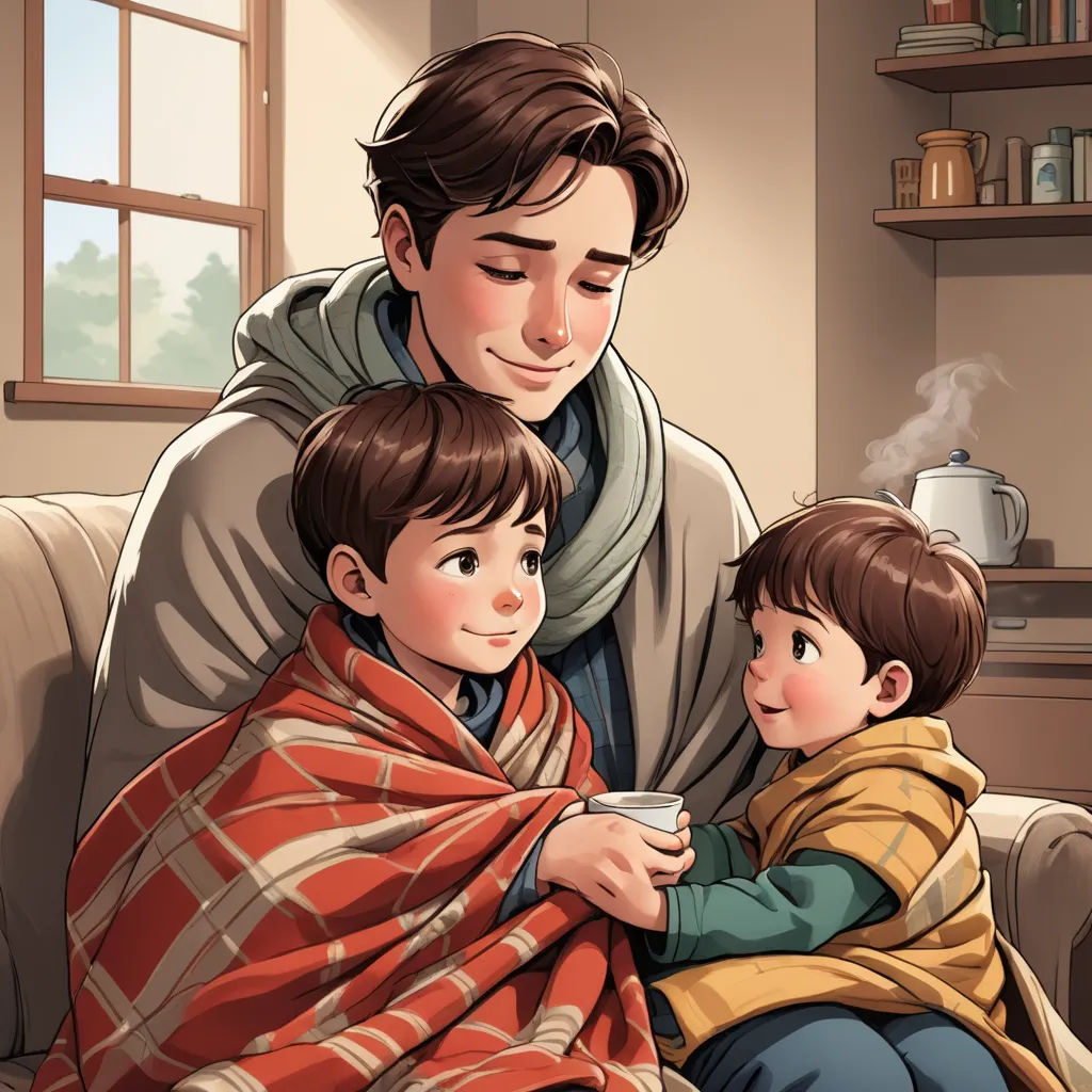 a man and two children wrapped in a blanket sitting on a couch in a living room with a window, dada, a storybook illustration, Aaron Jasinski, official art