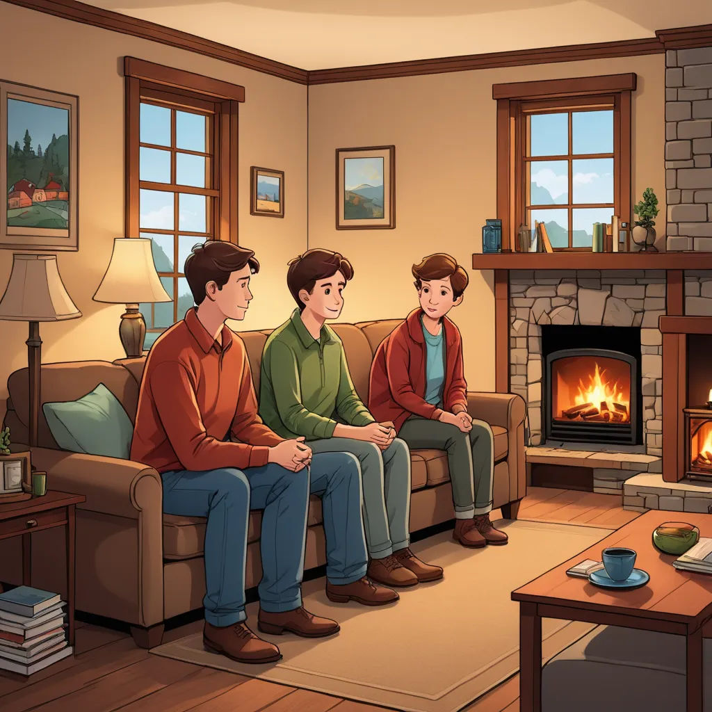 a family sitting on a couch in front of a fireplace in a living room with a fire place in the corner, sots art, a storybook illustration, Carol Sutton, storybook illustration