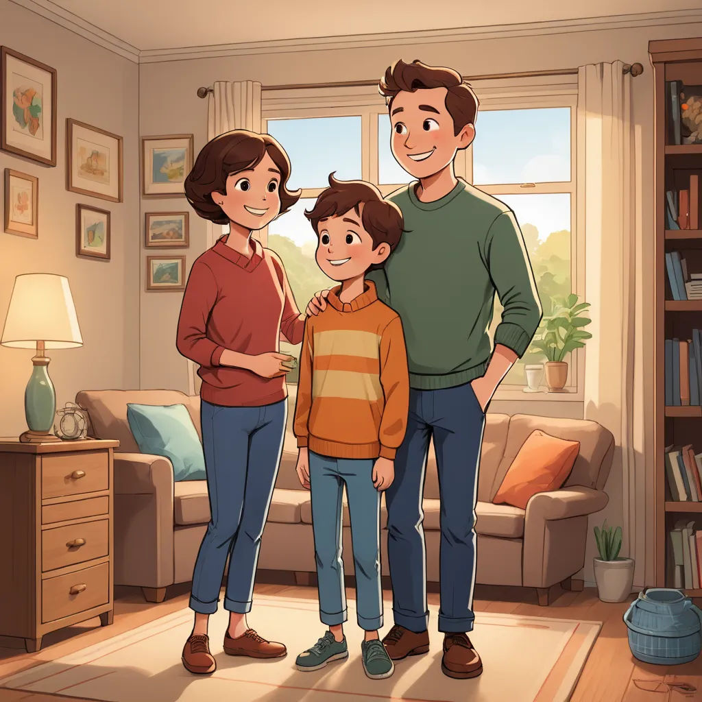 a family standing in a living room with a window in the background and a couch in the foreground, sots art, a storybook illustration, Adam Manyoki, animation