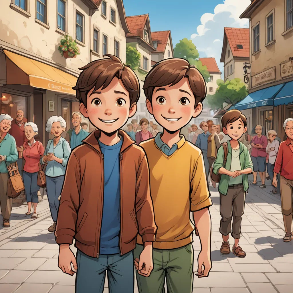 two young men standing in front of a crowd of people on a street with buildings in the background and a crowd of people walking around, lyco art, a storybook illustration, Brothers Hildebrandt, official art