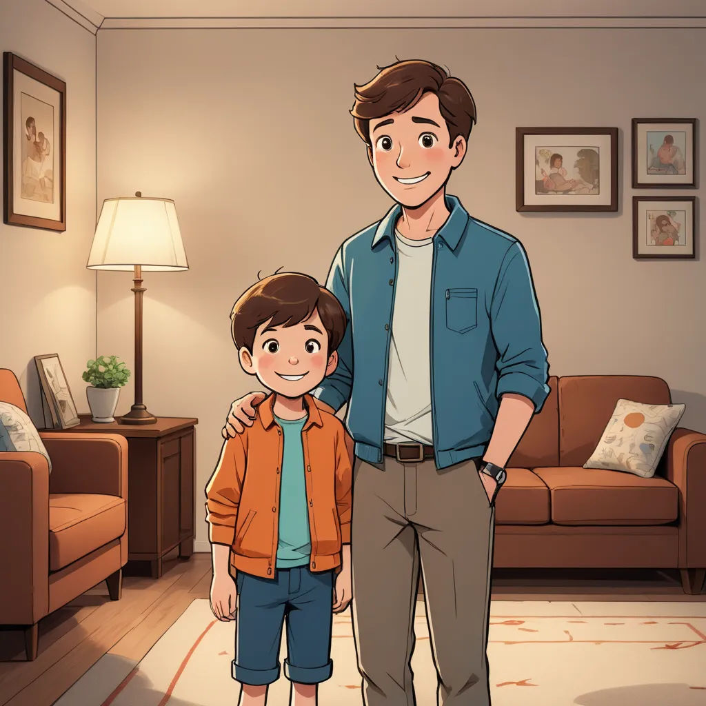 a man and a boy standing in a living room with a couch and a lamp on the wall behind them, lyco art, concept art, Adam Dario Keel, official art