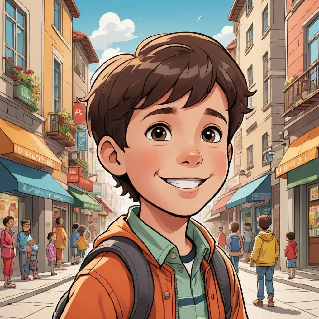 a cartoon boy with a backpack on a city street with people walking around him and a building in the background, photorealism, poster art, Diego Gisbert Llorens, kinkade