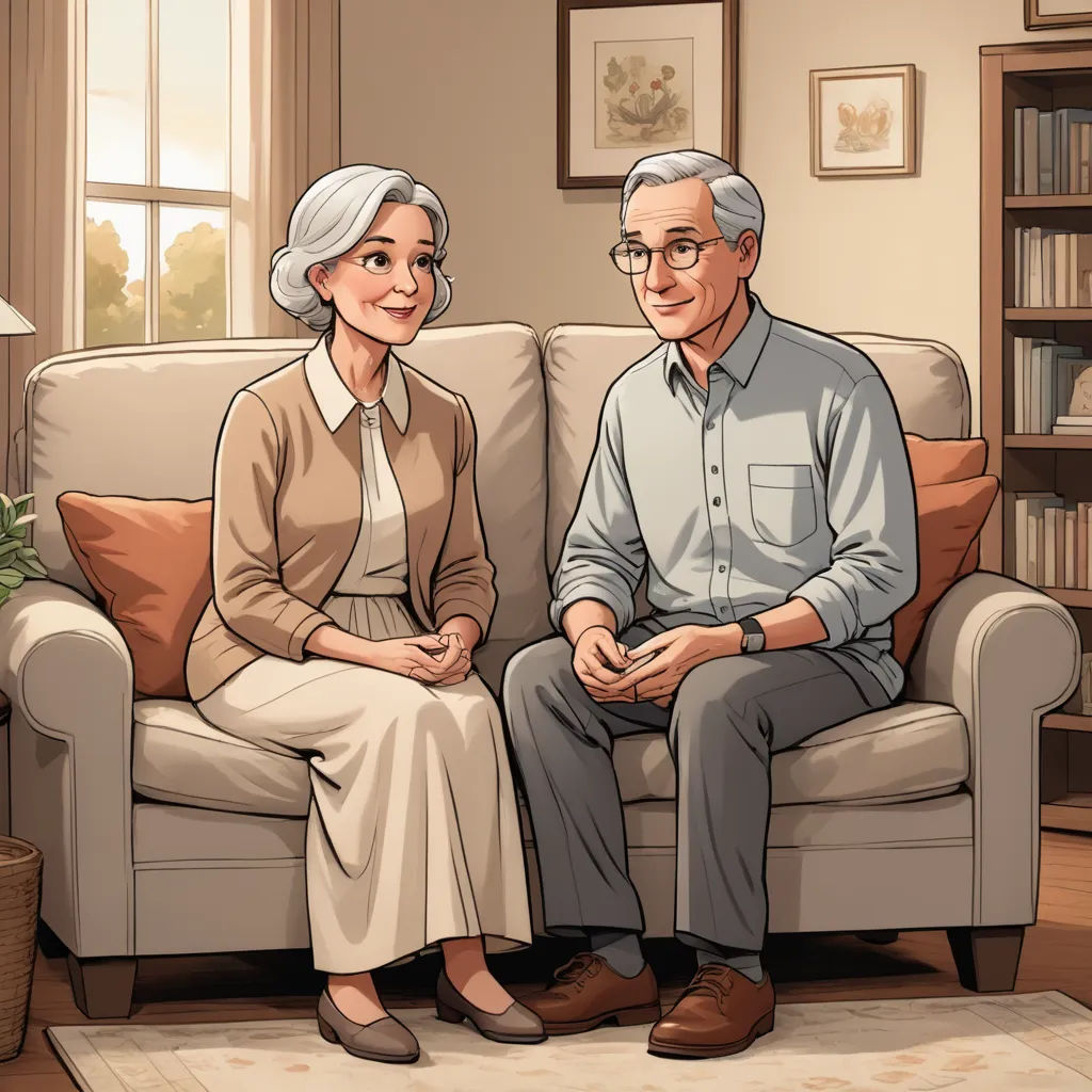a man and woman sitting on a couch in a living room next to a potted plant and a book shelf, american scene painting, a storybook illustration, F Scott Hess, graphic novel